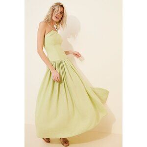 Rendoll Lexy Linen Blend Maxi Dress Womens 12 Green Drop Waist Contemporary Chic